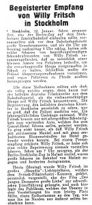 Bericht im Film-Kurier 1934 über den Besuch von Willy Fritsch in Schweden. Zeitungsausschnitt: begeisterte Fans von Willy Fritsch in Schweden