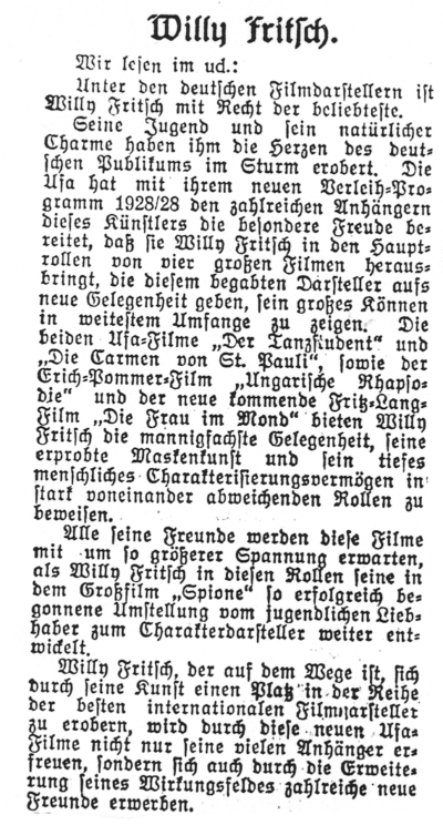 Willy Fritsch mit internationalem Format. Artikel im "Film-Kurier" Nr. 167 vom 14.07.1928