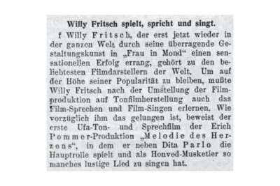 "WillyFritsch spielt, spricht und singt".Artikel im österreichischen Magazin "Die Stunde" vom 07.12.1929