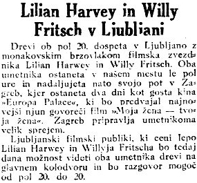 "Willy Fritsch & Lilian Harvey in Ljubljana".Artikel in der slowenischen Tageszeitung "Jutro" vom 01.02.1931.(Quelle: dLib.si)