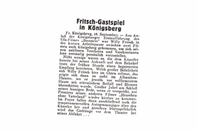 Willy Fritsch in Königsberg.Artikel im "Film-Kurier" Nr. 219 vim 18.09.1936